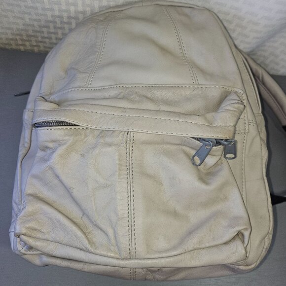 Small Beige Leather Backpack With Front Zipper Pocket & Adjustable Straps - Picture 1 of 8